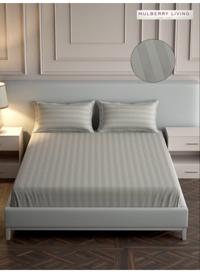 مالبيري ليفينج مفرش سرير مسطح مقاس كينج 100% قطن 300 غرزة بخطوط إليزيان - رمادي فضي مع 2 غطاء وسادة - Image 1