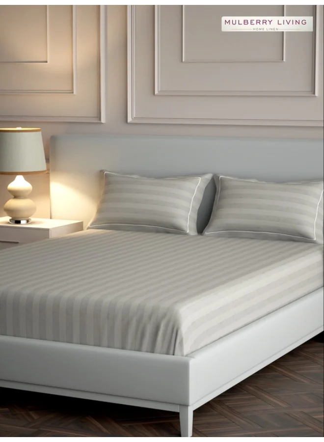 MULBERRY LIVING 100% Cotton - 300Tc Elysian Stripes King Size (260X280  Cms) Flat Bedsheet With 2 Pillow Covers (50X75 Cm) - Silver Grey