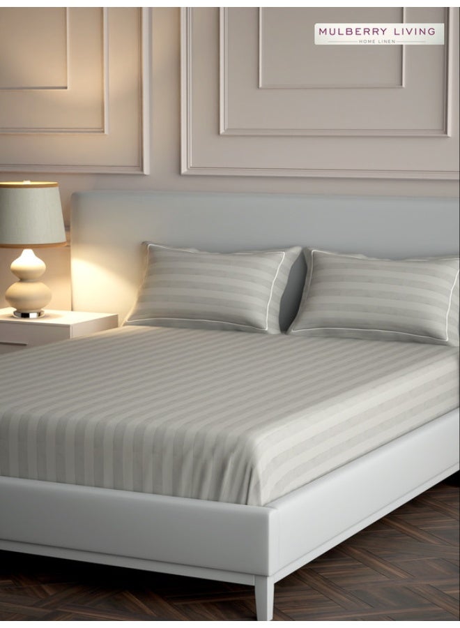 مالبيري ليفينج مفرش سرير مسطح مقاس كينج 100% قطن 300 غرزة بخطوط إليزيان - رمادي فضي مع 2 غطاء وسادة - Image 2