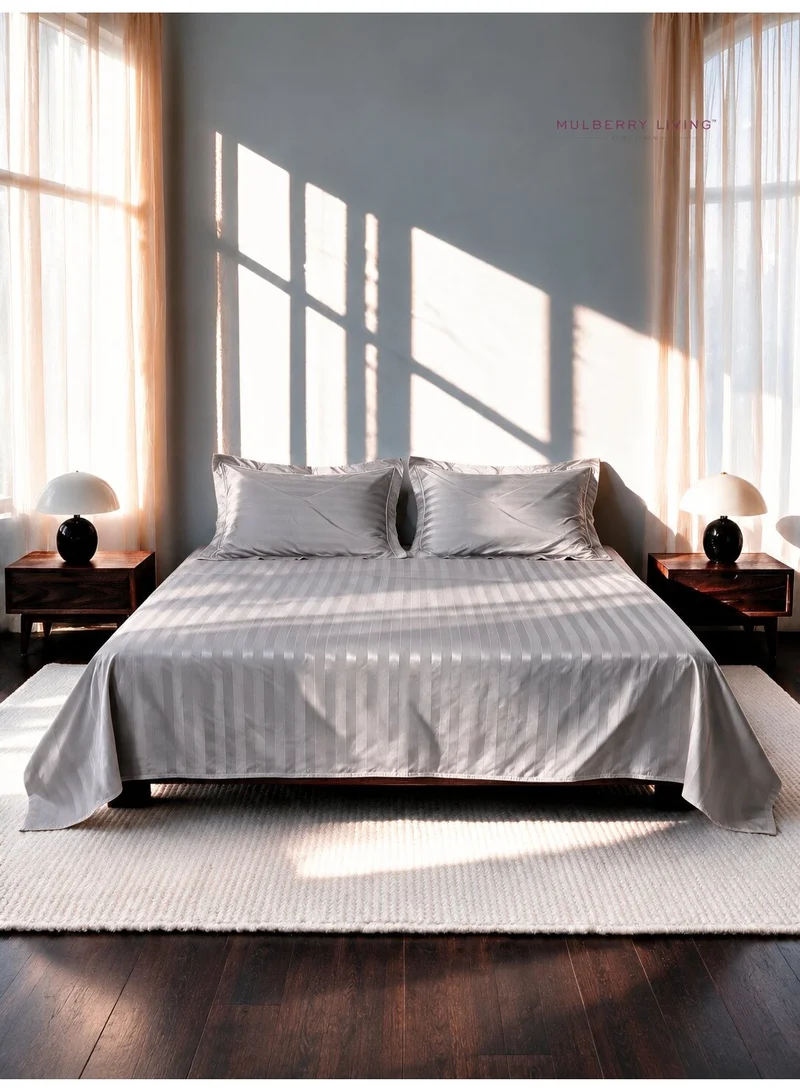 Mulberry Living 100% Cotton King Flat Bedsheet with 2 Pillow covers - 300Tc Elysian Stripes -Silver grey