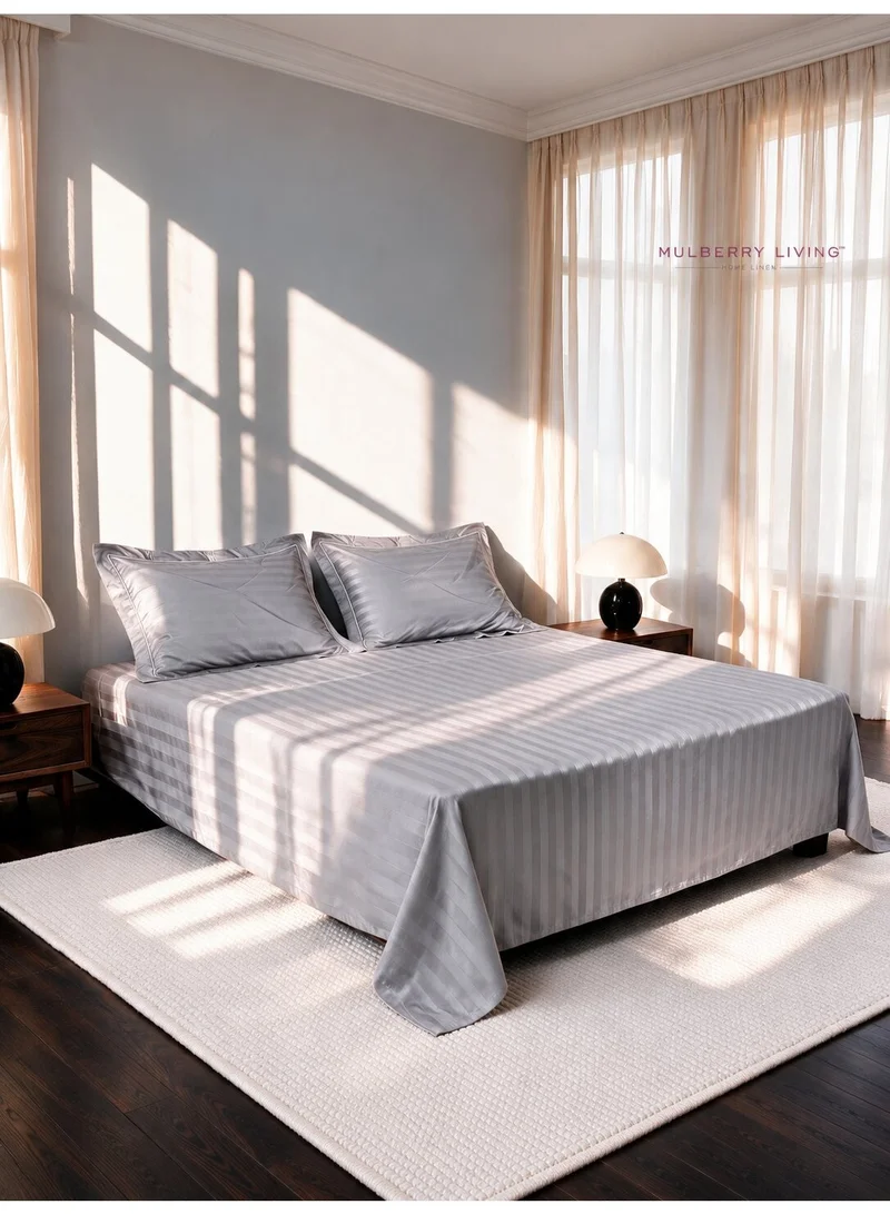 Mulberry Living 100% Cotton King Flat Bedsheet with 2 Pillow covers - 300Tc Elysian Stripes -Silver grey