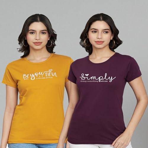 TREND LEVEL Women's Printed Cotton Tshirt Round Neck Half Sleeve T-Shirt for Women (Multicolor) Pack of 2 (XXL, BeYouTiful Mustard Simply Wine) - Image 2