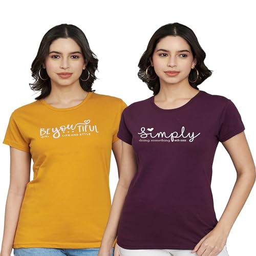 TREND LEVEL Women's Printed Cotton Tshirt Round Neck Half Sleeve T-Shirt for Women (Multicolor) Pack of 2 (XXL, BeYouTiful Mustard Simply Wine) - Image 1