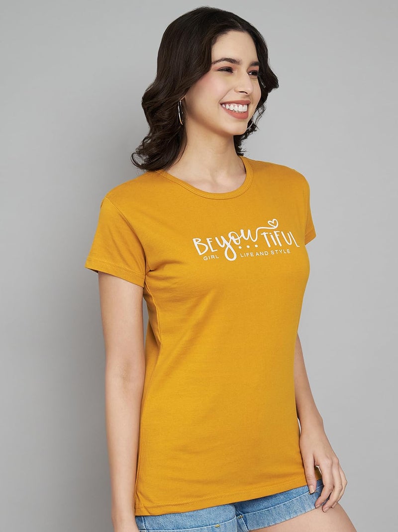 TREND LEVEL Women's Printed Cotton Tshirt Round Neck Half Sleeve T-Shirt for Women (Multicolor) Pack of 2 (XXL, BeYouTiful Mustard Simply Wine) - Image 5