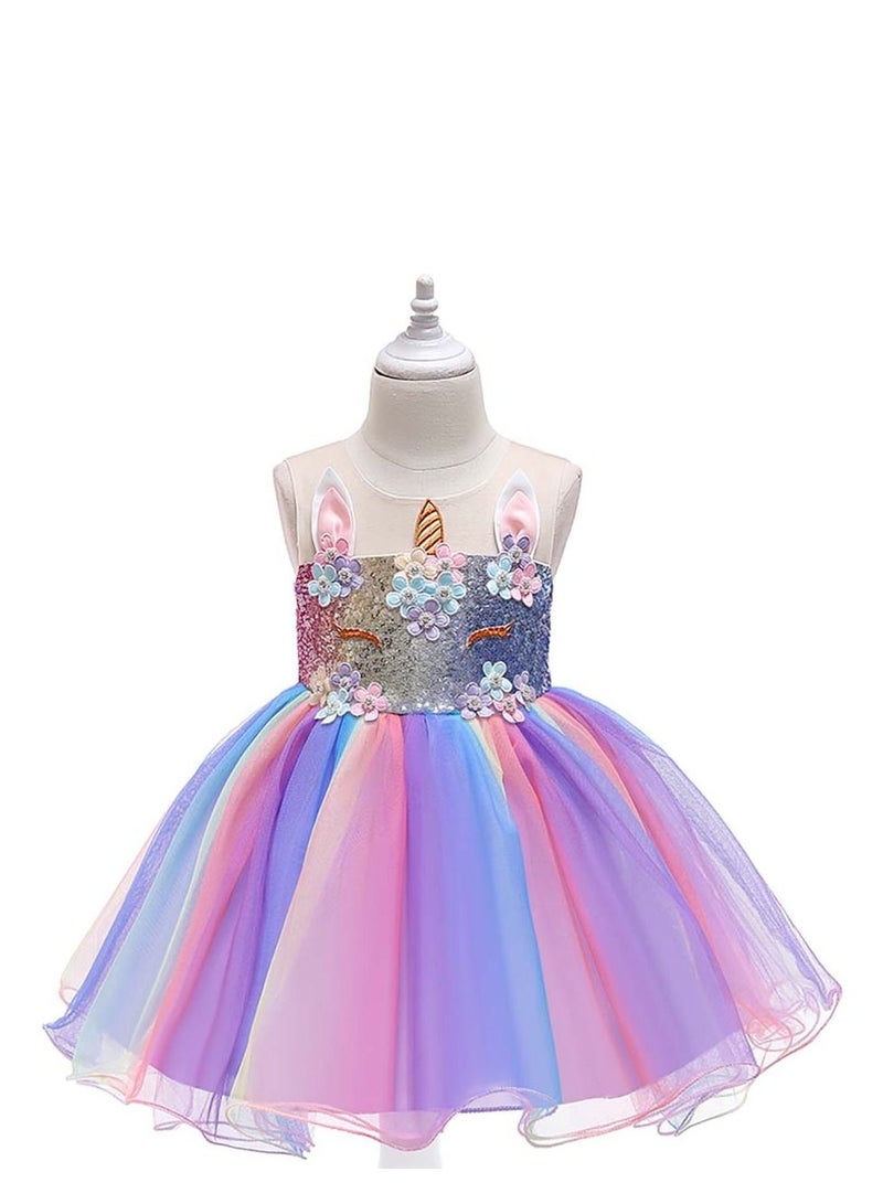 Loquat Sequined colorful Unicorn Girl Princess Dress  - Image 1