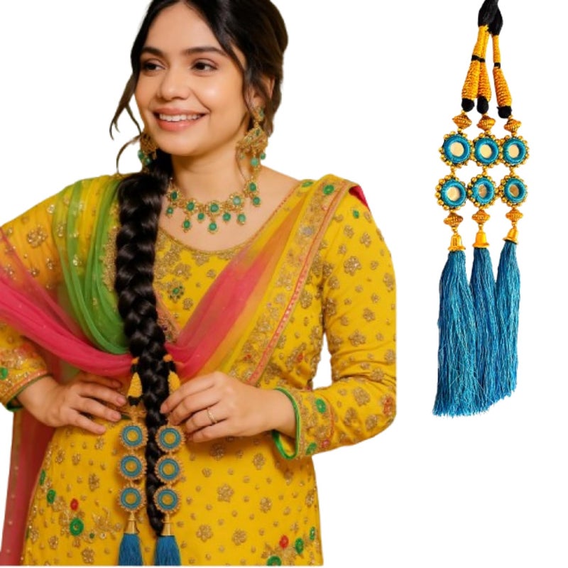 AHS Traditional Punjabi Parandi with Tassels 30 Inches Choti Hair Accessory for Girls and Women Sky Blue Parandi Hair Extension - Image 1