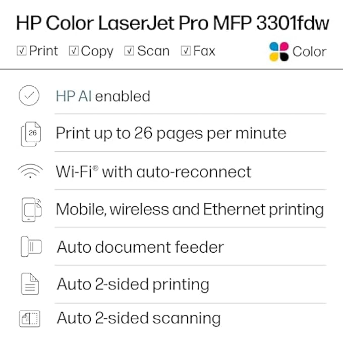 COLOR LASERJET PRO MFP 3301FDW WIRELESS ALL-IN-ONE COLOR LASER PRINTER, OFFICE PRINTER, SCANNER, COPIER, FAX, ADF, DUPLEX, BEST-FOR-OFFICE (499Q5F) - Image 3
