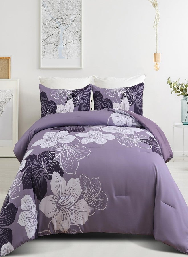 Menghomeus King Size Comforter Set Dark Purple Floral Bedding Comforter Sets Soft Microfiber Bed Comforter Set for All Season, 3 Piece Botanical Flowers Comforter, Pillowcases - Image 1