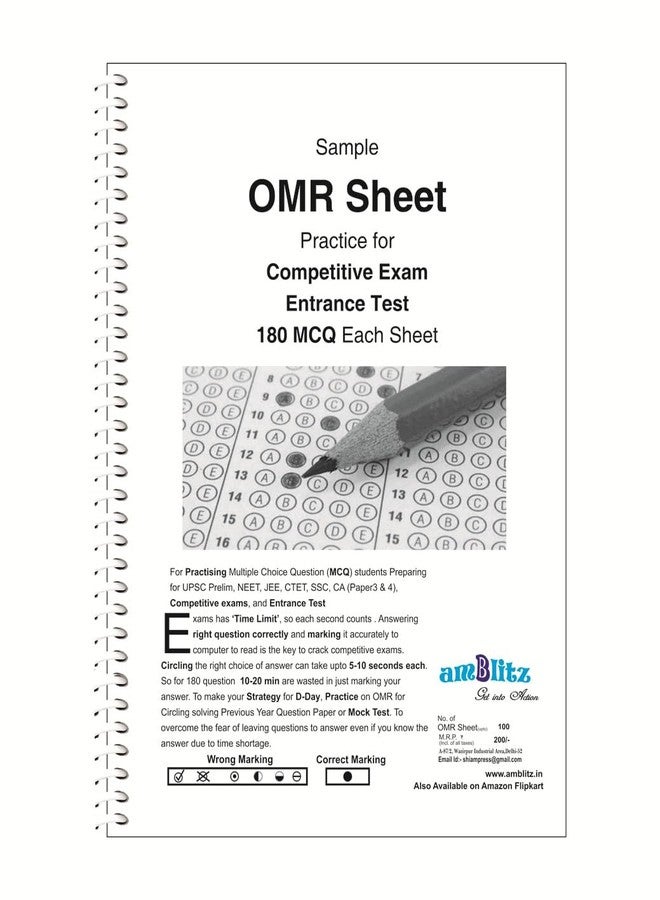 amblitz NEET OMR Sheet | 180 MCQ |100 OMR Sheets to attempt Questions Upto 180 MCQ's | Spiral Notebook | Aspirant | For Practice and Time Management | A4 Size | - Image 1
