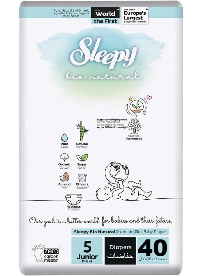 Sleepy Bio Natural Premium Size 5 Diapers, 40 Count, Baby Dry Taped Diapers, 11-18Kg Hypoallergenic, Water Based, Almond Milk, Vegan, 100% Leakproof - Image 1
