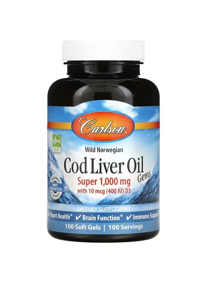 Carlson, Wild Norwegian, Cod Liver Oil Gems, 1,000 mg, 100 Soft Gels