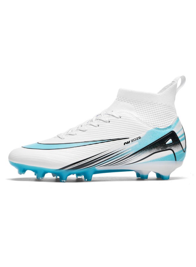 High-Top Football Shoes TF Artificial Lawn AG Nail Leather Training Shoes for Boys, Girls, Children, Teenagers and Students – White, Long Nails
