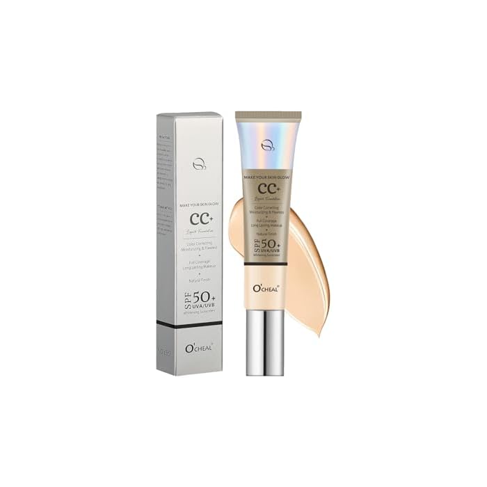 O'CHEAL CC Foundation with SPF 50+, Full Coverage Moisturizer Color Correcting Cream Concealer Powder Foundation, Lightweight Waterproof Oil-Free Pre-makeup Primer for All Skin Types (Nature)