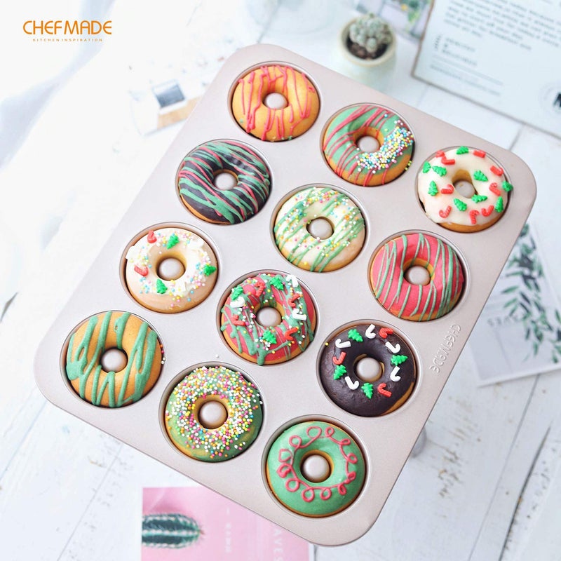 CHEFMADE Donut Mold Cake Pan, 12-Cavity Non-Stick Ring Doughnut Bakeware for Oven Baking (Champagne Gold) - Image 3