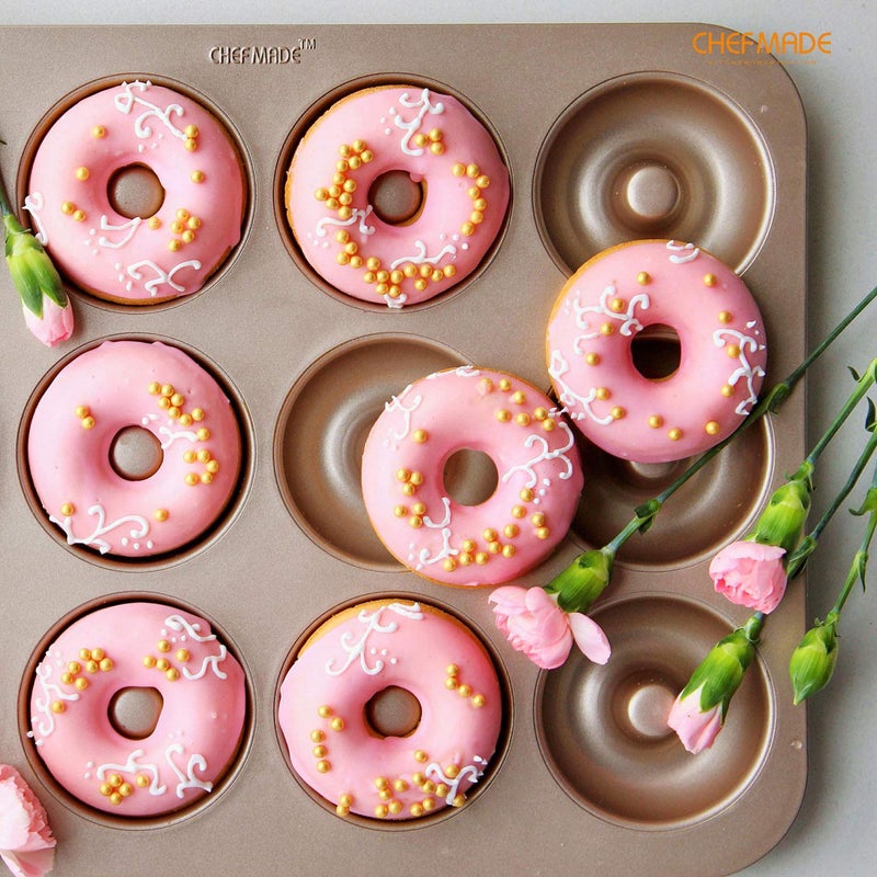 CHEFMADE Donut Mold Cake Pan, 12-Cavity Non-Stick Ring Doughnut Bakeware for Oven Baking (Champagne Gold) - Image 5