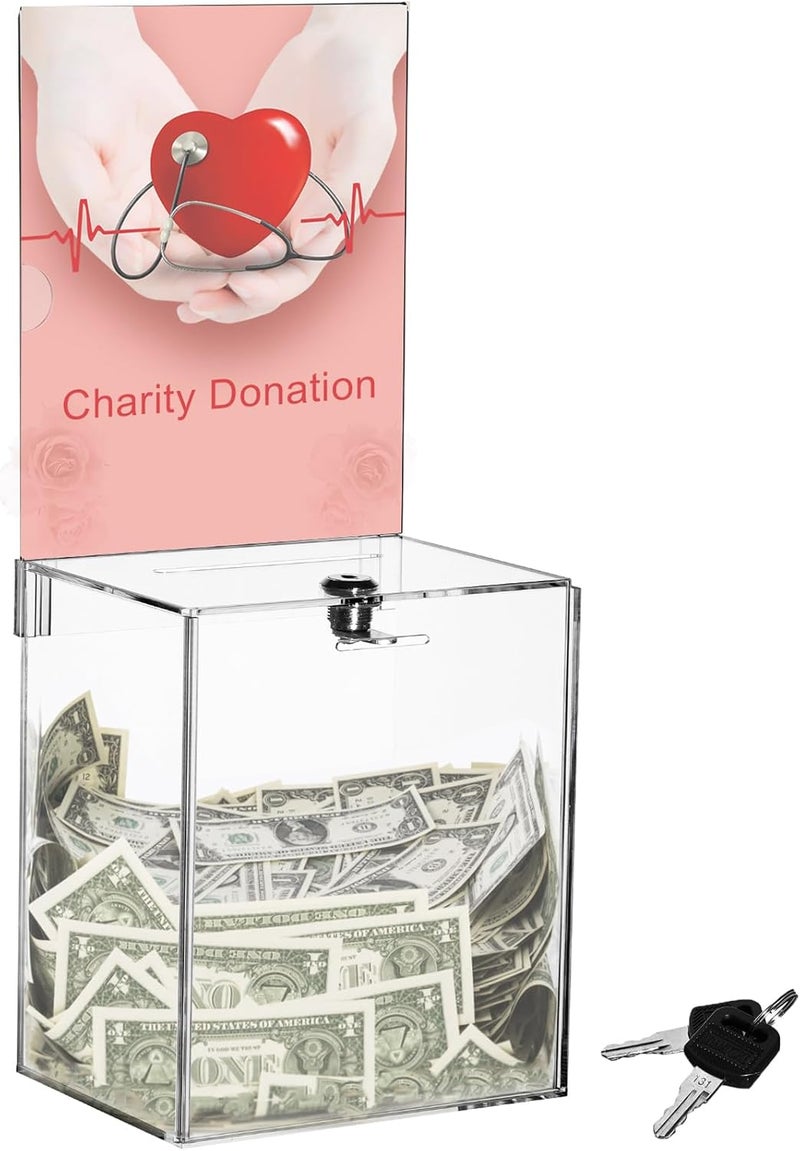 Youeon Large Acrylic Donation Box with Lock, 6.7 x 5 x 16 in Clear Suggestion Box with Slot and Lock, Ballot Tin with Sign Holder for Tip, Comment, Voting, Charity, Fundraising - Image 1