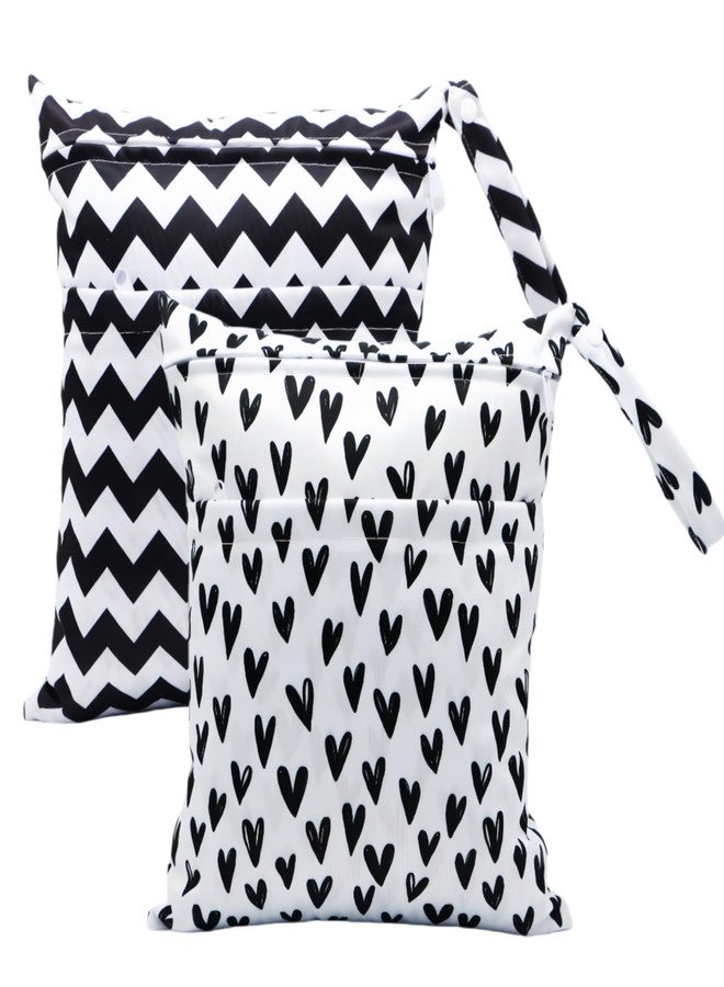 Asenappy 2pcs Cloth Diaper Wet Dry Bags Waterproof Reusable with Two Zippered Pockets Travel Beach Pool Daycare Soiled Baby Items Yoga Gym Bag for Swimsuits or Wet Clothes (BLACK HEART) - Image 1