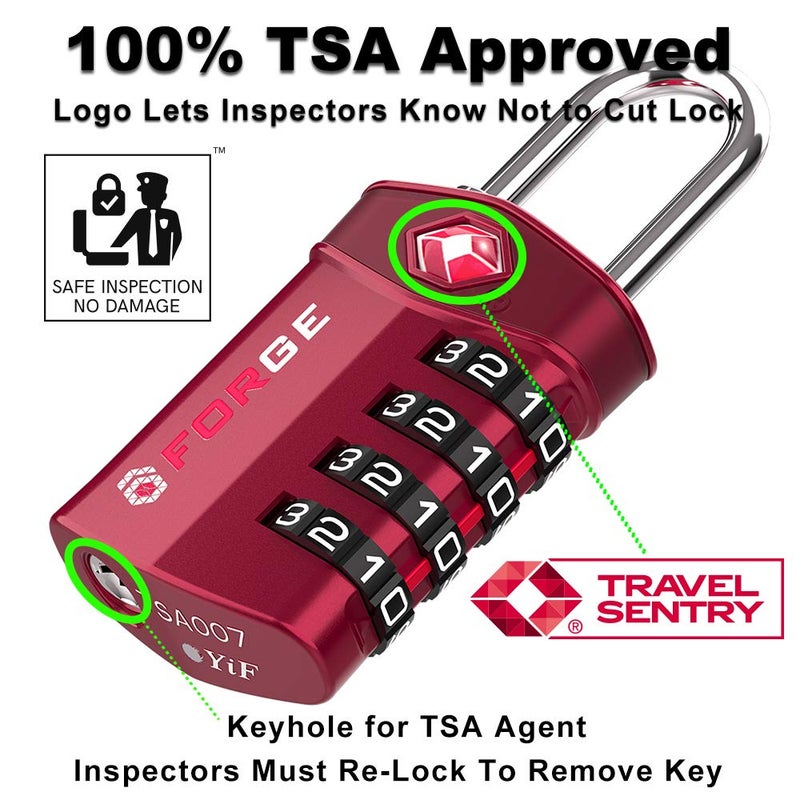 فورج قفل أمتعة عالي الجودة مكون من 4 أرقام معتمد من إدارة أمن النقل، قفلان أحمران مع مؤشر تنبيه مفتوح، جسم من سبائك معدنية لحقيبة Pelican وحقيبة سفر وخزانة صالة الألعاب الرياضية. - Image 3