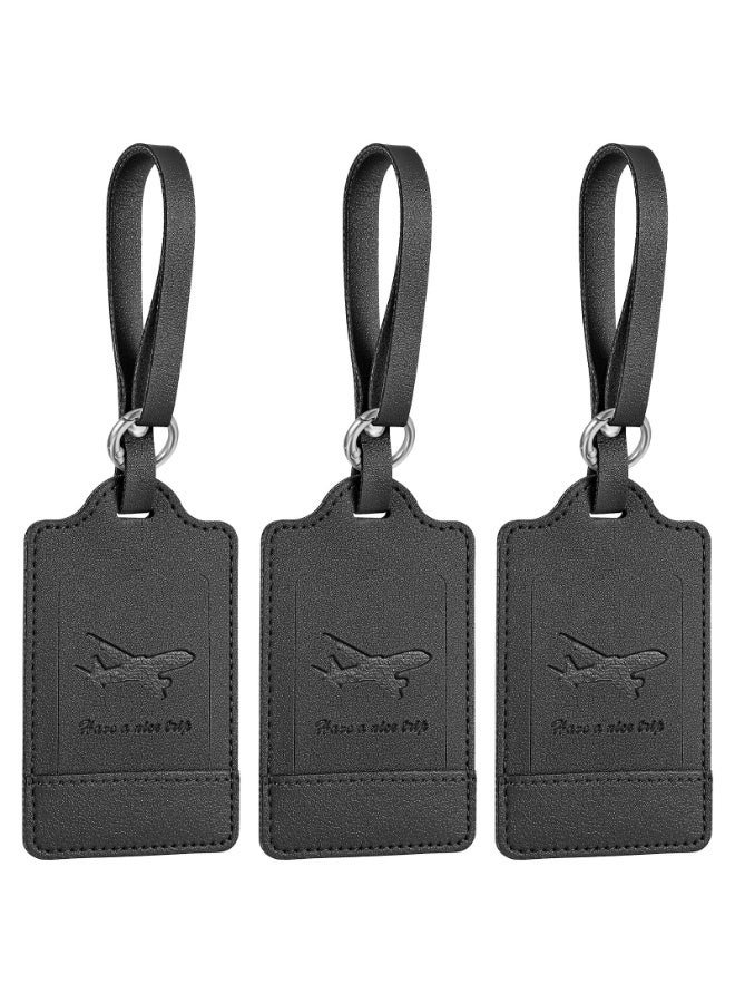 Chabeia 3 Pack PU Leather Luggage Tags for Suitcases, Privacy Protection Bag Tags Travel Essentials, Black - Image 1