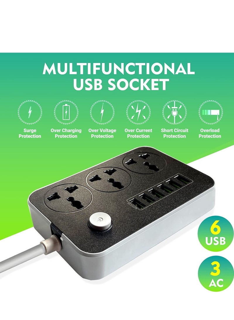Generic Power Strips Extension Cord 3 Outlets, Power Socket with 6 USB Ports Universal Charging Socket with 2M Bold Extension Cord  - Image 2