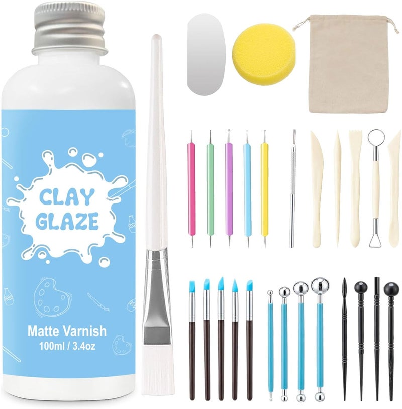 EIGTWEN مجموعة إيغتوين تتكون من عبوة واحدة من طلاء الطين الجاف بسعة 100 مل، بالإضافة إلى 29 أداة للعمل مع الطين؛ يوفر الطلاء ذو الملمس المات حماية للفخار من التآكل السطحي، ويمكن استخدام أدوات الطين للرسم بالنقاط، النحت، والتشكيل. - Image 1