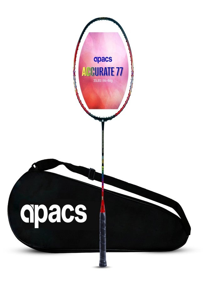 Apacs Accurate 77 (Unstrung, 6.8mm Extra Slim Shaft) 35 LBS Max Tension | Made in Vietnam | Aero Armor Frame (Hi-Tension) | 100% Japanese Graphite Badminton Racket with Free Full Cover (Red Black) - Image 1