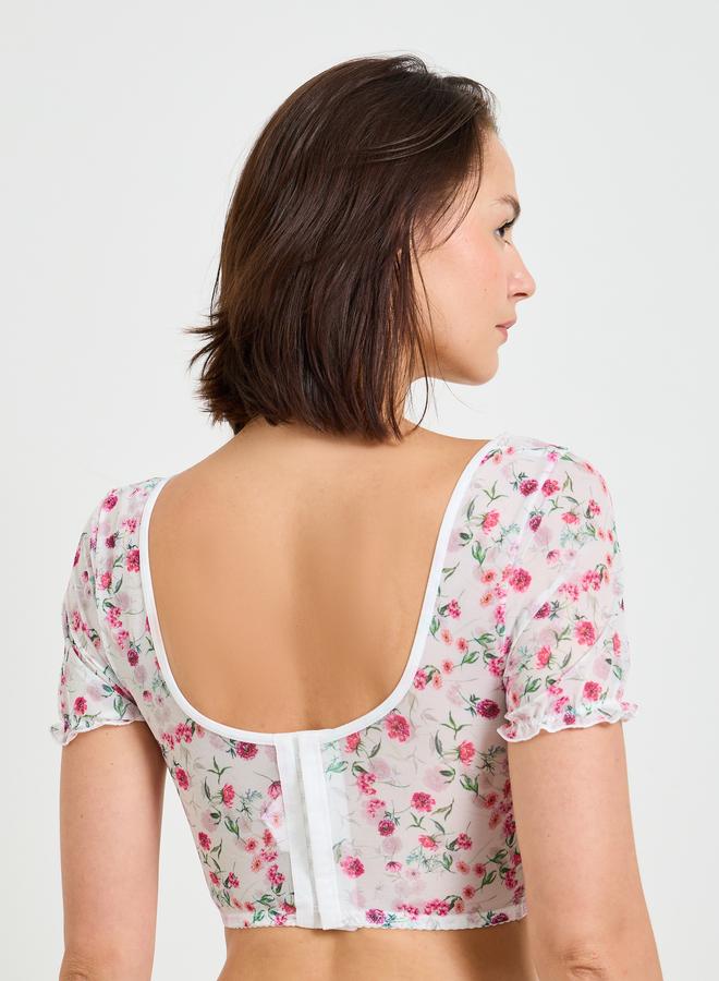 Take Two White Floral Mesh Bustier Crop Top - Image 4