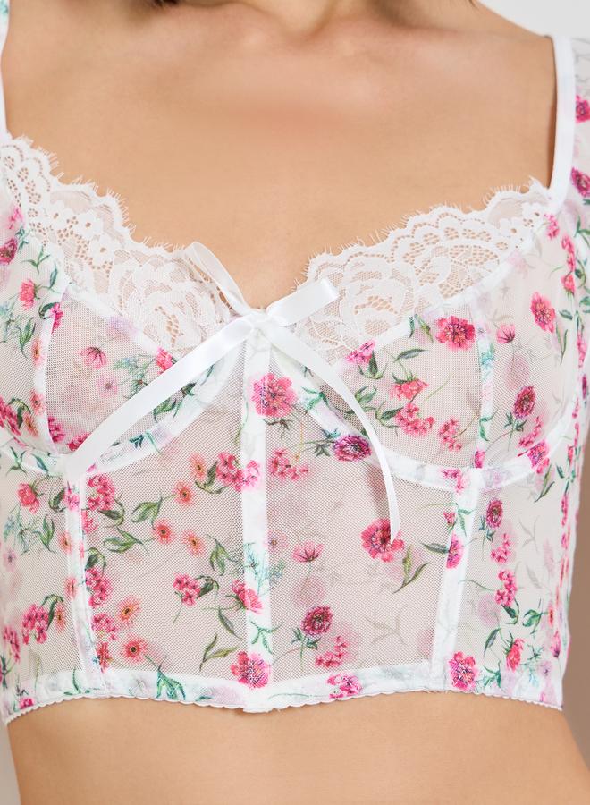 Take Two White Floral Mesh Bustier Crop Top - Image 3