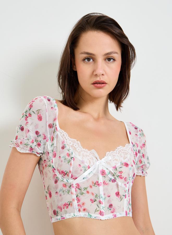 Take Two White Floral Mesh Bustier Crop Top - Image 1