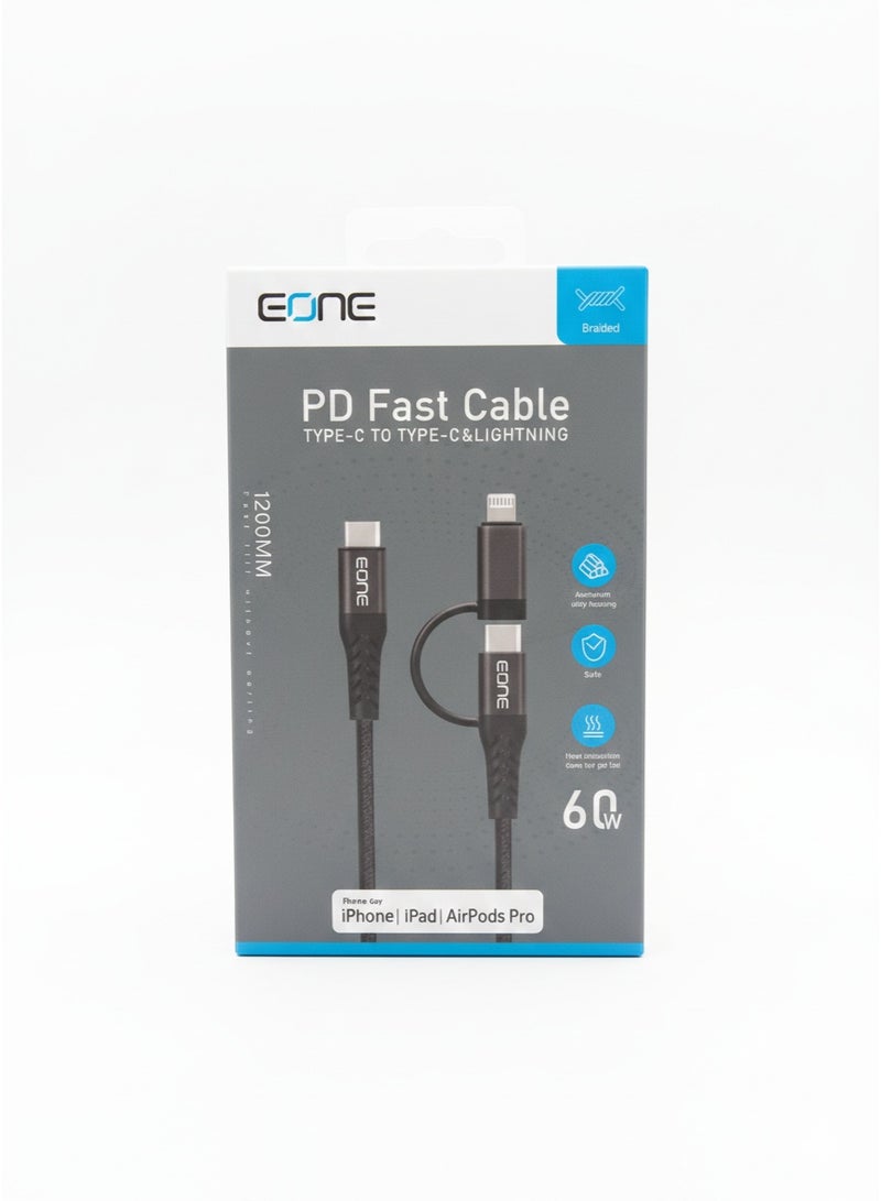 إيون EONE كيبل شحن سريع PD بقوة 60 واط - من منفذ Type-C إلى (Type-C u0026 Lightning) بطول 1.2 متر - قماشي مقاوم للقطع. - Image 4