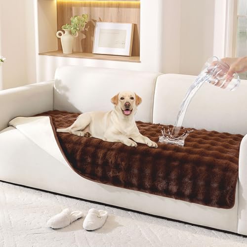 Hittun Waterproof Dog Bed Cover Non Slip Couch Covers for Dogs Washable Soft Faux Fur Sofa Cover Couch Covers for 3 Cushion Couch Sofa Pet Friendly (Brown) - Image 1