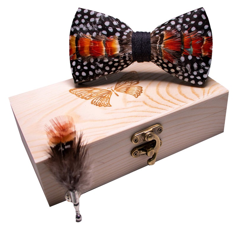 RBOCOTT Feather Pre-tied Bow tie Leather Bowtie and Brooch Sets for Men(13) - Image 2
