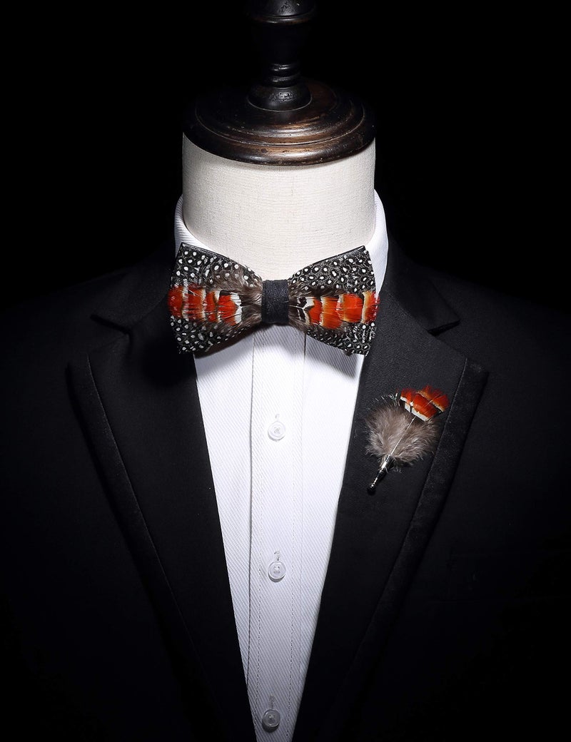RBOCOTT Feather Pre-tied Bow tie Leather Bowtie and Brooch Sets for Men(13) - Image 5