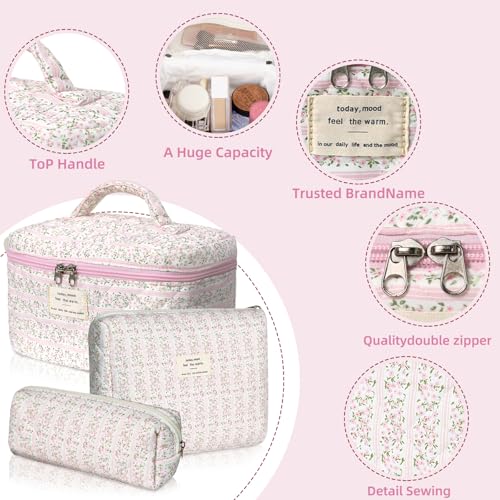 Gosect Makeup Bag Set, Portable Travel Make up Bag, Large Capacity Quilted Cosmetic Organizer Bag, Cute Floral Toiletry Bag for Women Girls (Pink Flower) - Image 4