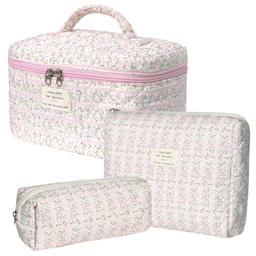 Gosect Makeup Bag Set, Portable Travel Make up Bag, Large Capacity Quilted Cosmetic Organizer Bag, Cute Floral Toiletry Bag for Women Girls (Pink Flower) - Image 1