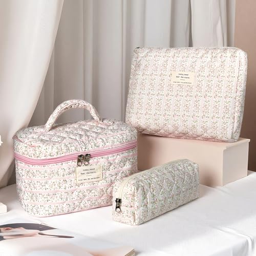 Gosect Makeup Bag Set, Portable Travel Make up Bag, Large Capacity Quilted Cosmetic Organizer Bag, Cute Floral Toiletry Bag for Women Girls (Pink Flower) - Image 5
