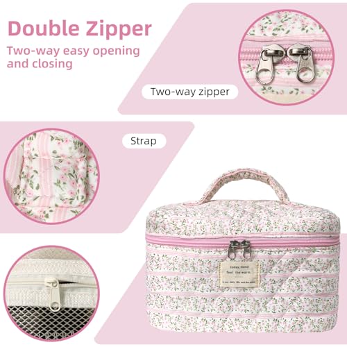 Gosect Makeup Bag Set, Portable Travel Make up Bag, Large Capacity Quilted Cosmetic Organizer Bag, Cute Floral Toiletry Bag for Women Girls (Pink Flower) - Image 3