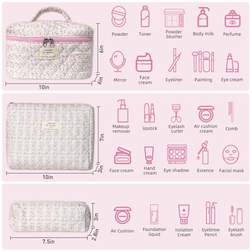 Gosect Makeup Bag Set, Portable Travel Make up Bag, Large Capacity Quilted Cosmetic Organizer Bag, Cute Floral Toiletry Bag for Women Girls (Pink Flower) - Image 2