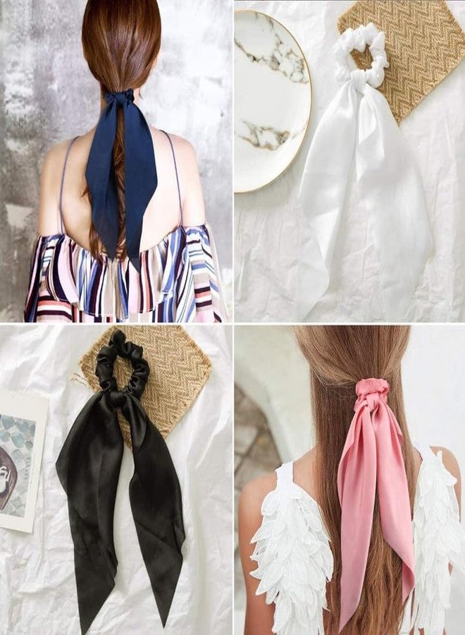 Minta Hair Scrunchies Bowknot Satin Long Tail Elastics Scarf Scrunchie Hair Band Vintage Ponytail Holder Ties Bands Accessories for Women and Girls, Pack of 2, Multicolor - Image 5