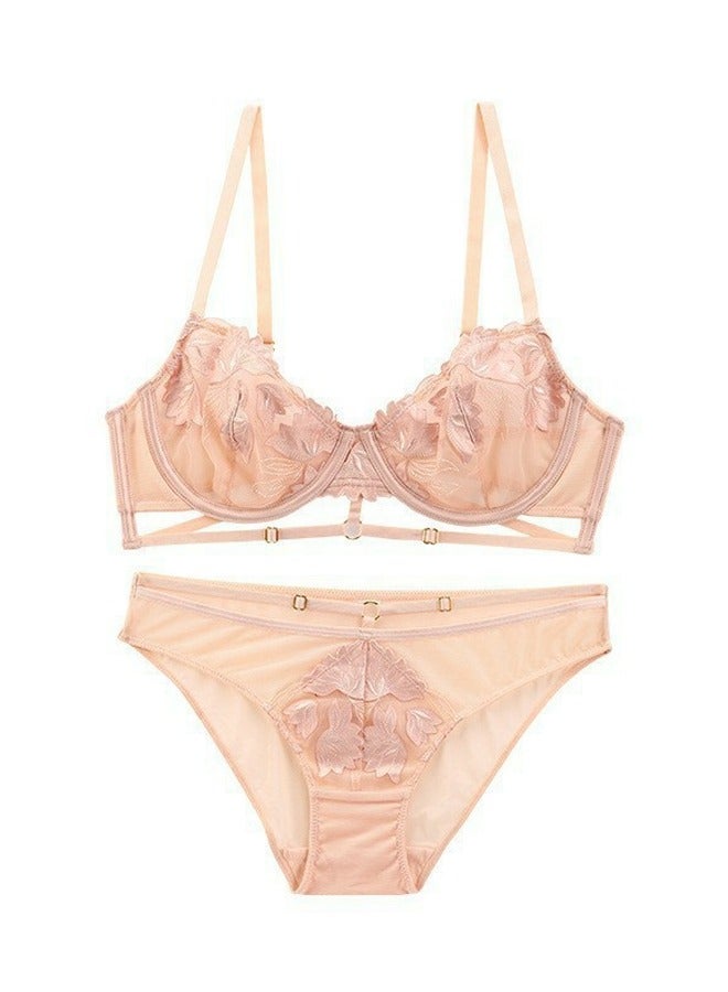 Loquat Solid Color Lace Embroidered Ultra Thin Cup Bra Panty Set Beige