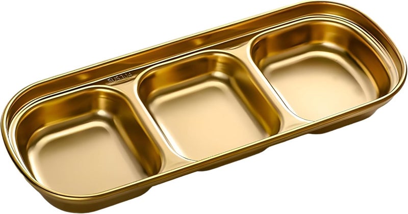 Stainless Steel 3 Compartment Sauce Dishes Dipping Dishes for Soy or Sushi Sauce, Appetizer Serving Plate for Ketchup, BBQ Sauce, or Seasoning (Gold) (1)
