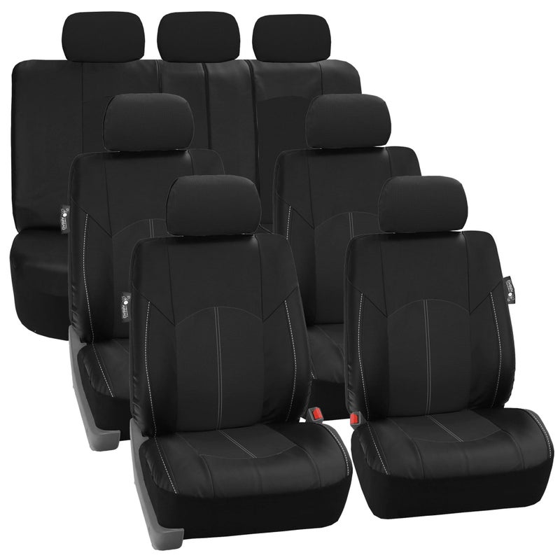 FH Group Perforated Leatherette Three Row Set 7 Seater Car Seat Covers Airbag Compatible and Split Ready Universal Fit for Cars Trucks  SUVs Black