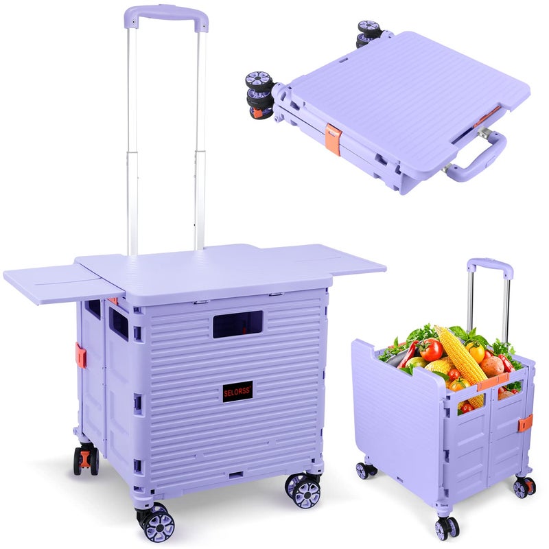 SELORSS Foldable Utility Cart Collapsible Portable Crate Rolling Carts with Wheels Tote Basket with Magnetic Lid Telescopic Cover WearResistant 360Rotate Wheel Noiseless for Shopping Storage Office Use 