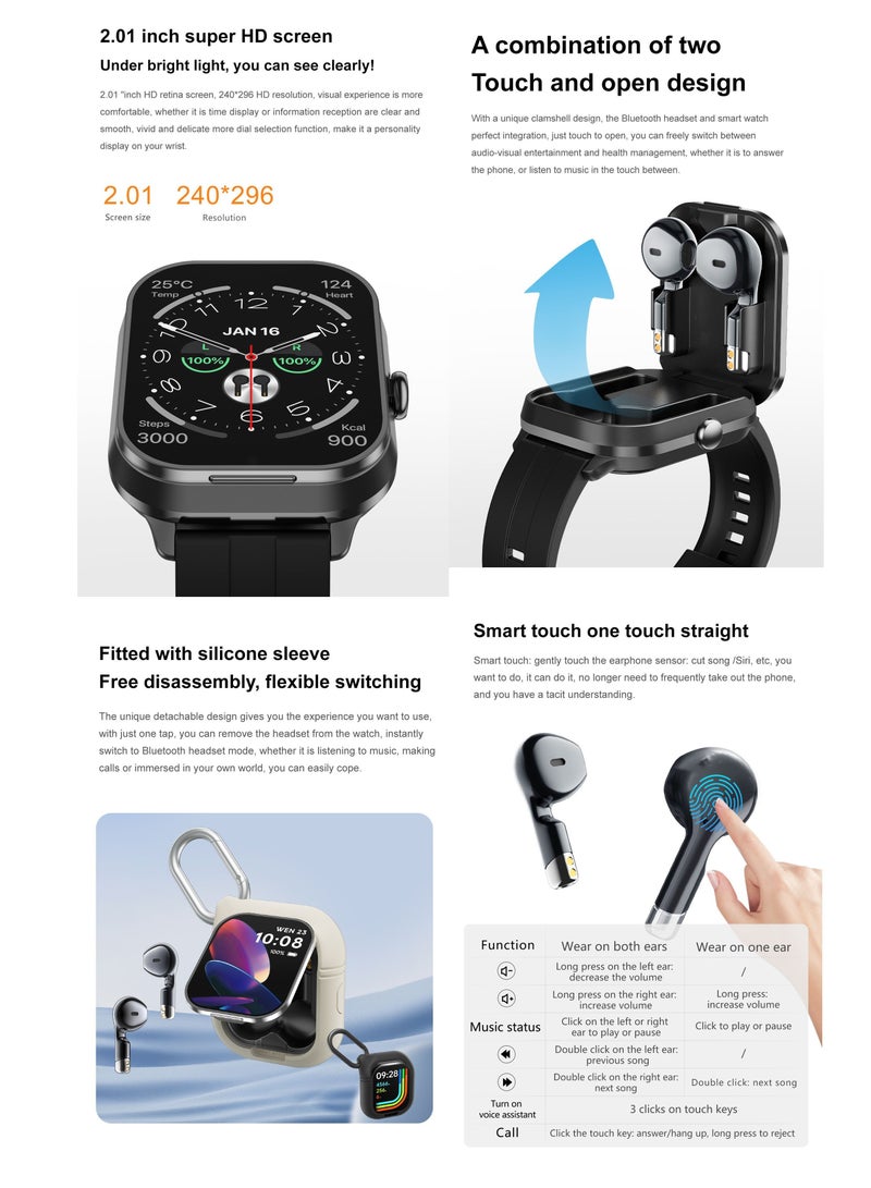 Smartwatch with TWS Earbuds – Bluetooth Wireless Headset, Fitness Tracker, Health Monitor, Music Player, Bluetooth Calling - Image 2