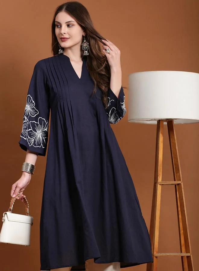 Globus Navy Blue Embroidered A-Line Kurta