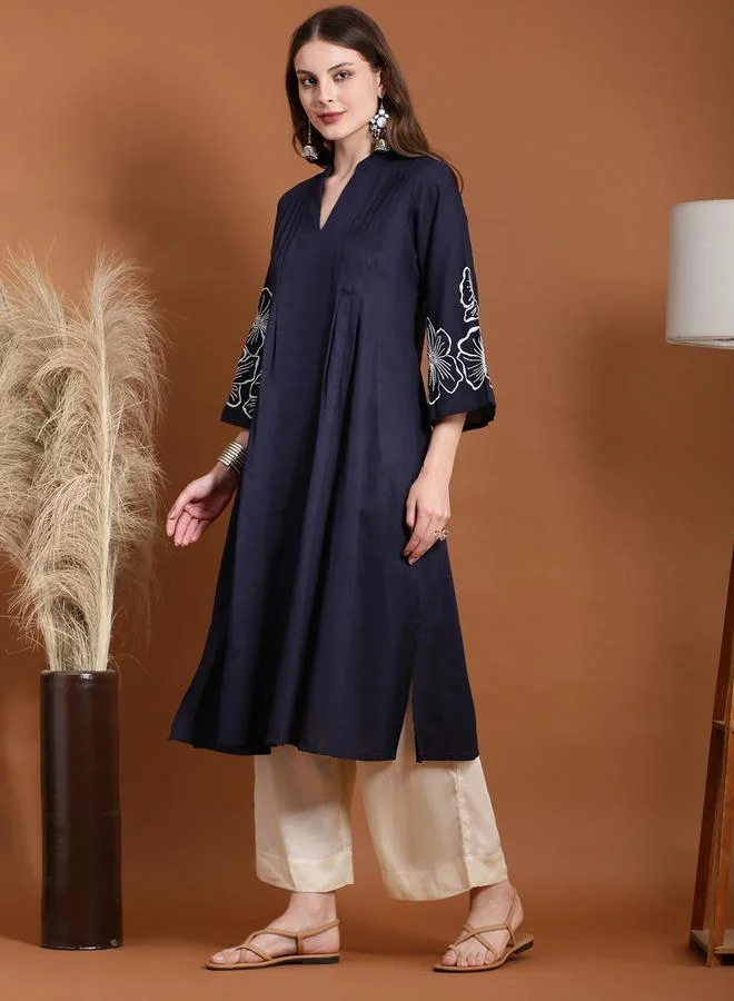 Globus Navy Blue Embroidered A-Line Kurta