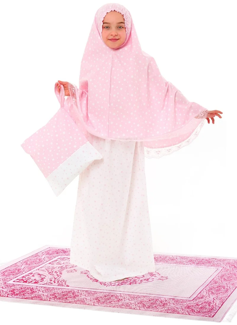 Elanesa  Girl Child Prayer Dress Cotton 4-Piece Set Pink Printed