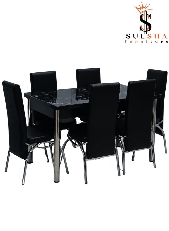 SULSHA Modern 1+6 Dining Table With Glass Top 136x80x75Cm - Image 2
