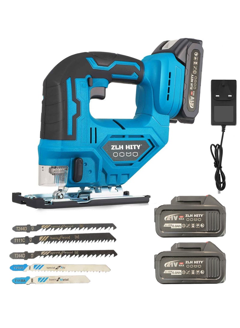ZLH HITY 21V Cordless Jigsaw, Cordless Jigsaw Tool Brushless Motor, Variable Speed, Bevel Angle (0°-45°), LED Light with 3 Position Orbital Setting for Straight/Curve/Circle/Cutts (2 Batteries) - Image 1