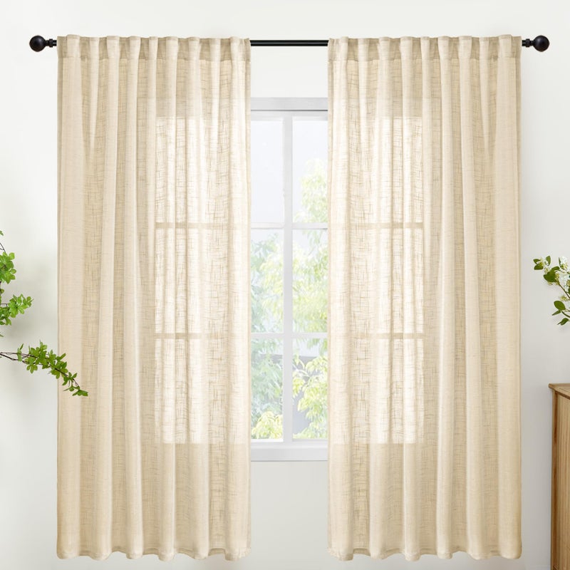 YoungsTex Natural Linen Semi Sheer Curtains 72 Inch Length for Living Room, Light Filtering Burlap Window Treatments Rustic Textured with Rod Pocket Back Tab for Dining Bedroom, 2 Panels, 52 X 72 Inch - Image 1